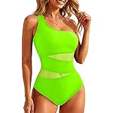 Tempt Me Women One Shoulder One Piece Swimsuits Full Coverage Cutout Mesh Sexy Bathing Suits Tummy Control Swimwear