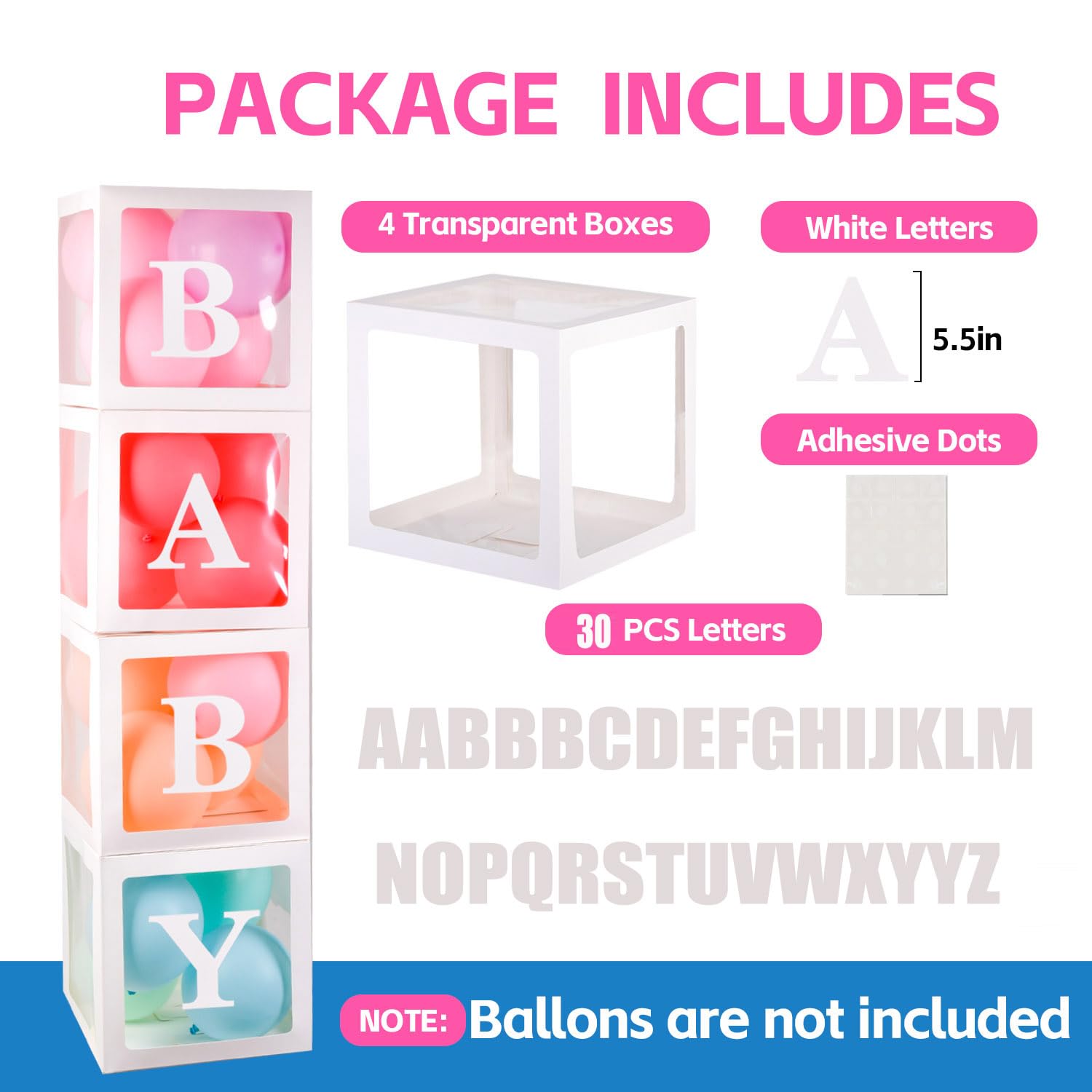 Baby Boxes with 30 PCS Letters, 4 Transparent Balloon boxes for Gender Reveal Birthday Wedding Baby Shower Decorations