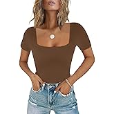 Chunpin Women's Sexy Square Neck Short Sleeve Bodysuit Tops Double Lined Slim Fitted Thong Body suit
