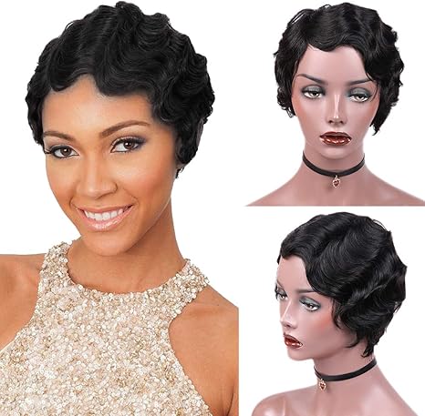 Wignee Remy Human Hair Wigs Mommy Short Finger Wave Style Black