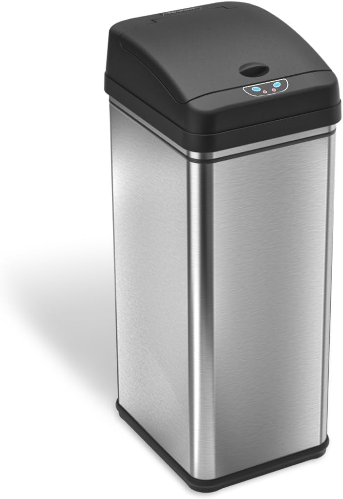 iTouchless 13 Gallon Automatic Trash Can with Odor Control System, 7 Odor Filters Included, Stainless Steel, Big Lid Opening Touchless Sensor Kitchen Garbage Bin