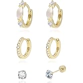 3Pairs Gold Huggie Hoop Stud Earrings Set for Women Trendy, Dainty Small 14K Gold Plated Hypoallergenic Earrings for Multiple Piercing, Minimalist CZ Cartilage Earrings for Women