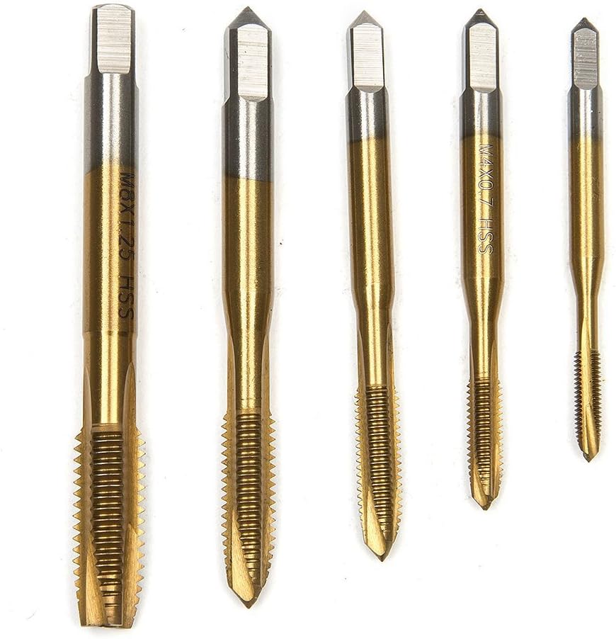Malayas Tap & Die Set, Malayas 5pcs Titanium Coated HSS M3 M4 M5 M6 M8 Right Hand Tap Machine Spiral Point Straight Fluted Screw Thread Plug Tap & Bottoming Tap