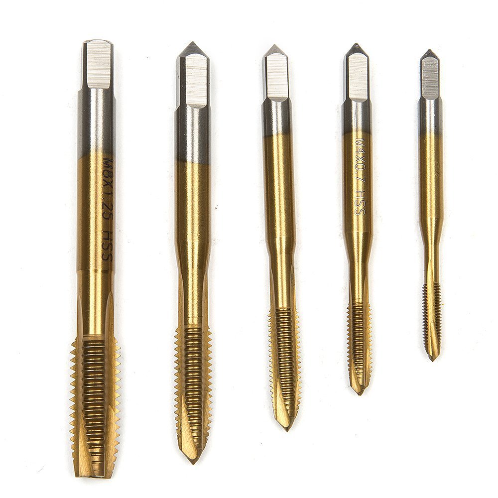 Malayas Tap & Die Set, Malayas 5pcs Titanium Coated HSS M3 M4 M5 M6 M8 Right Hand Tap Machine Spiral Point Straight Fluted Screw Thread Plug Tap & Bottoming Tap