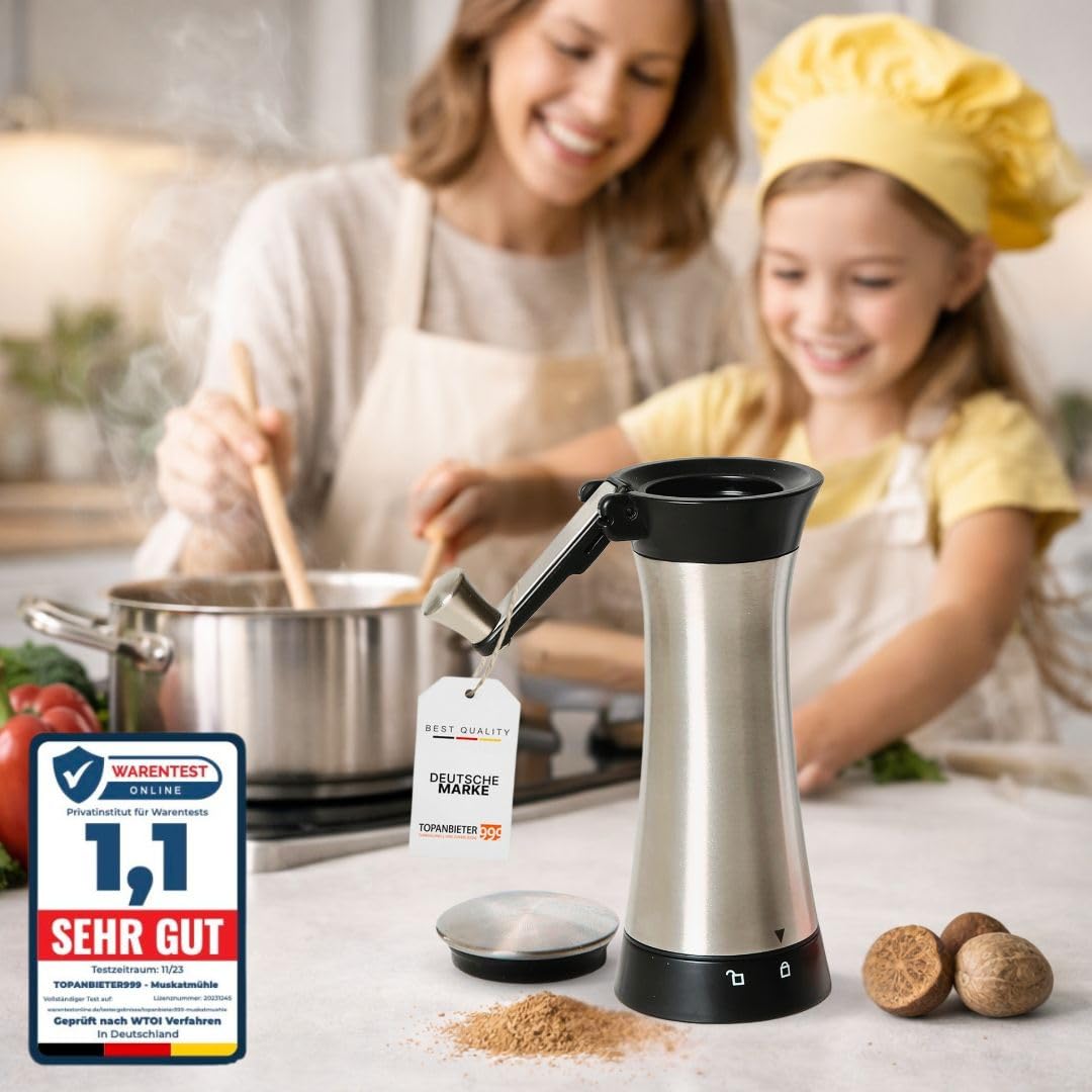 TOPANBIETER 999 Muskatmühle Gewürzmühle Muskatnussmühle Edelstahl mit Aufbewahrungsbehälter und einklappbarer Kurbel frische Muskatreibe paßt auch für Tonkabohnen 4