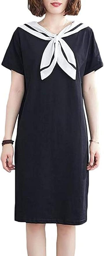 Amazon Co Jp ダーセン 夏 レディース ワンピース 半袖 Tシャツワンピース セーラー襟 リボン付き 可愛い ロングワンピース セーラー風 森ガール ワンピース 大きいサイズ ワンピース リゾート ブラック F 服 ファッション小物