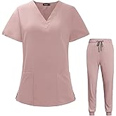 VIAOLI Scrubs for Women Set V-Neck Pocket Top & Drawstring Jogger Scrub Pants