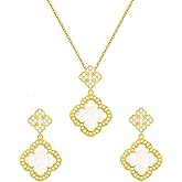 BALTERS 18K Gold Lucky Four Leaf Necklace & Earrings Set - Silver Four Leaf Dangle Earrings for Women