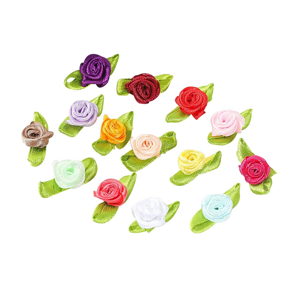 Pack of 200 mini Artificial Flowers Rose Heads,Bows Roses with Leaf,Rose Flower Heads Flower Heads for Crafts,Flower Appliquations,Confetti Decoration for DIY Crafts,Garland Scrapbooking,Colourful
