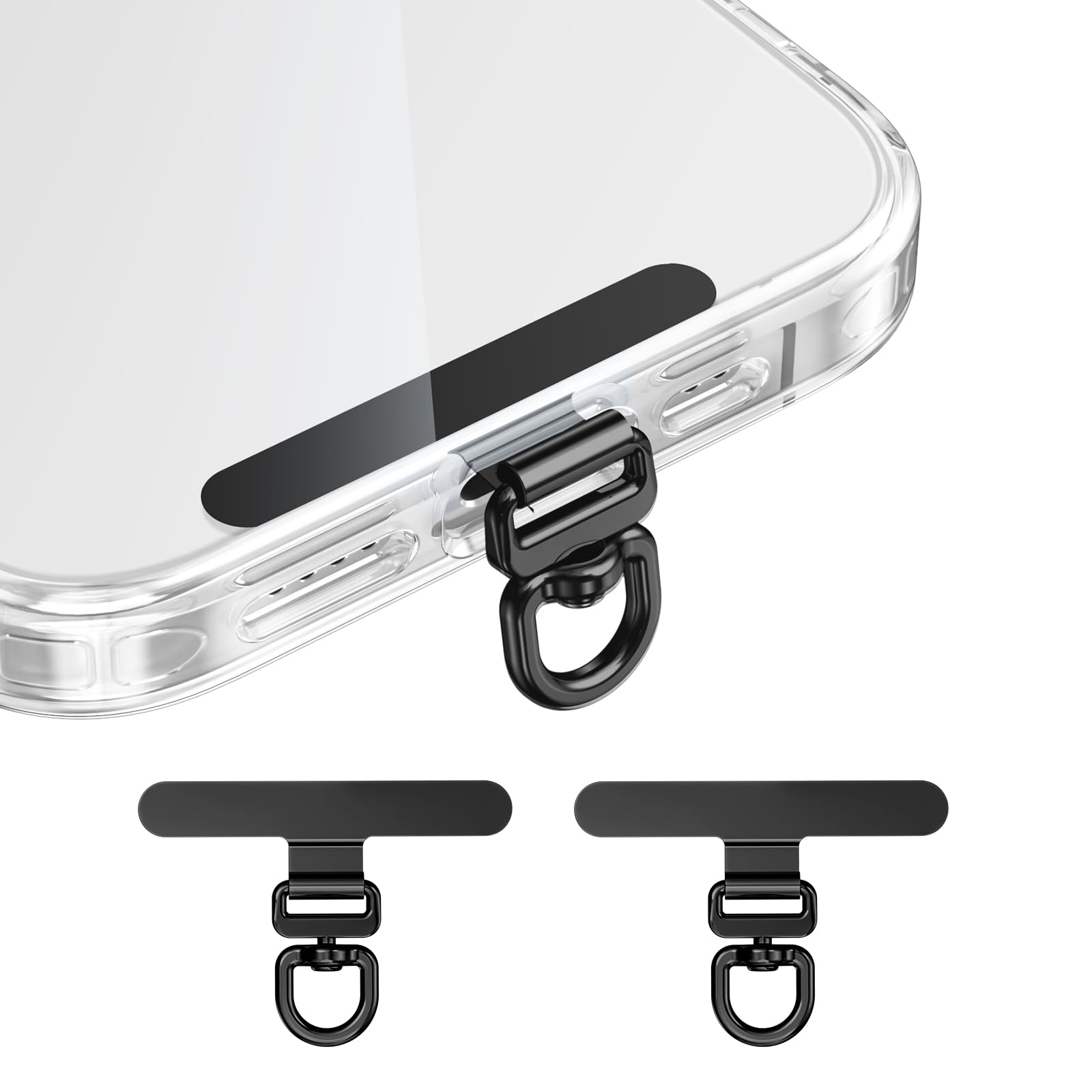 Photo 1 of Ultra-Thin 0.007in Phone Tether Tab with 360° Swivel, Stainless Steel Curved Step for Uninterrupted Charging, Universal Lanyard Patch for iPhone Android Phone Cases (Black*2)