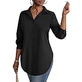 Rooscier Women's Collar V Neck Long Sleeve Slit Side Button Down Long Shirt Blouse Top