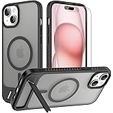 for iPhone 15 Plus Case: [fit for Magsafe] Strong Magnetic & Invisible Stand, Military-Grade Drop Protection with Screen Protector, Adjustable Kickstand Frosted Translucent Matte Phone Case, Black