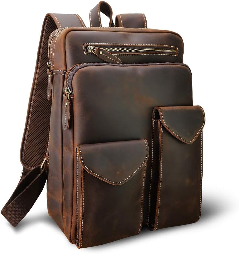 Lannsyne Vintage Genuine Leather Backpack For Men 14 Inch Laptop College School Bag Daypack Brown
