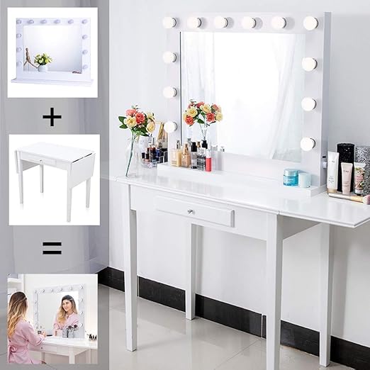 Amazon Com Chende White Wooden Vanity Set With Hollywood Lighted Vanity Mirror Makeup Dressing Table With Large Vanity Mirror For Bedroom Drop Leaf Vanity Desk With 1 Drawer
