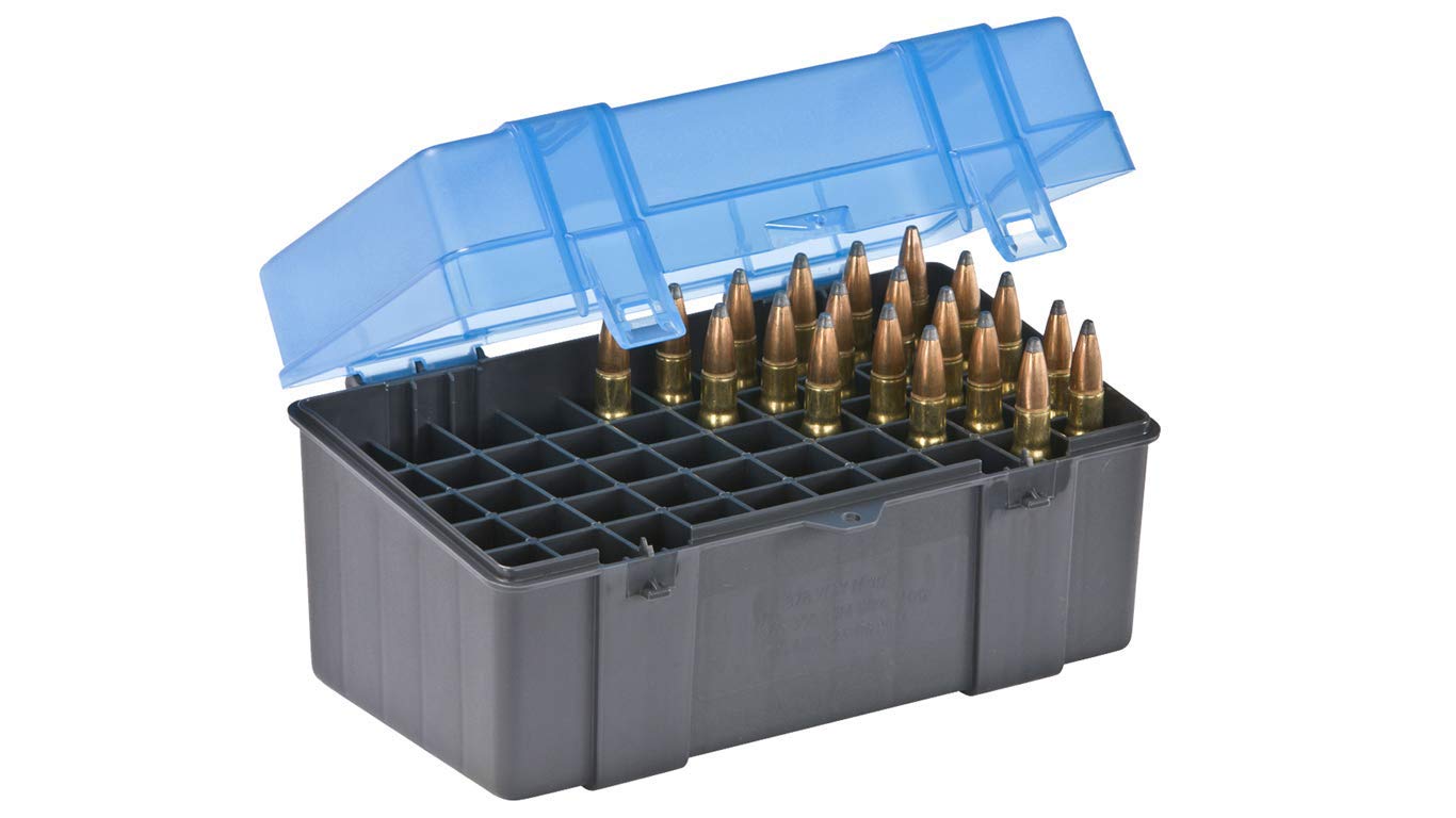 PLANO Rifle Ammo Case - 7mm Magnum,50-rounds, , Cartridge storage case, Bullet holder, Rifle cartridge organizer,Gun ammo holder, Dark Gray/Transparent Blue
