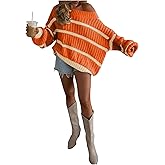 Verdusa Women‘s Off The Shoulder Sweater Striped Color Block Chunky Oversized Cozy Sweaters Winter Clothing