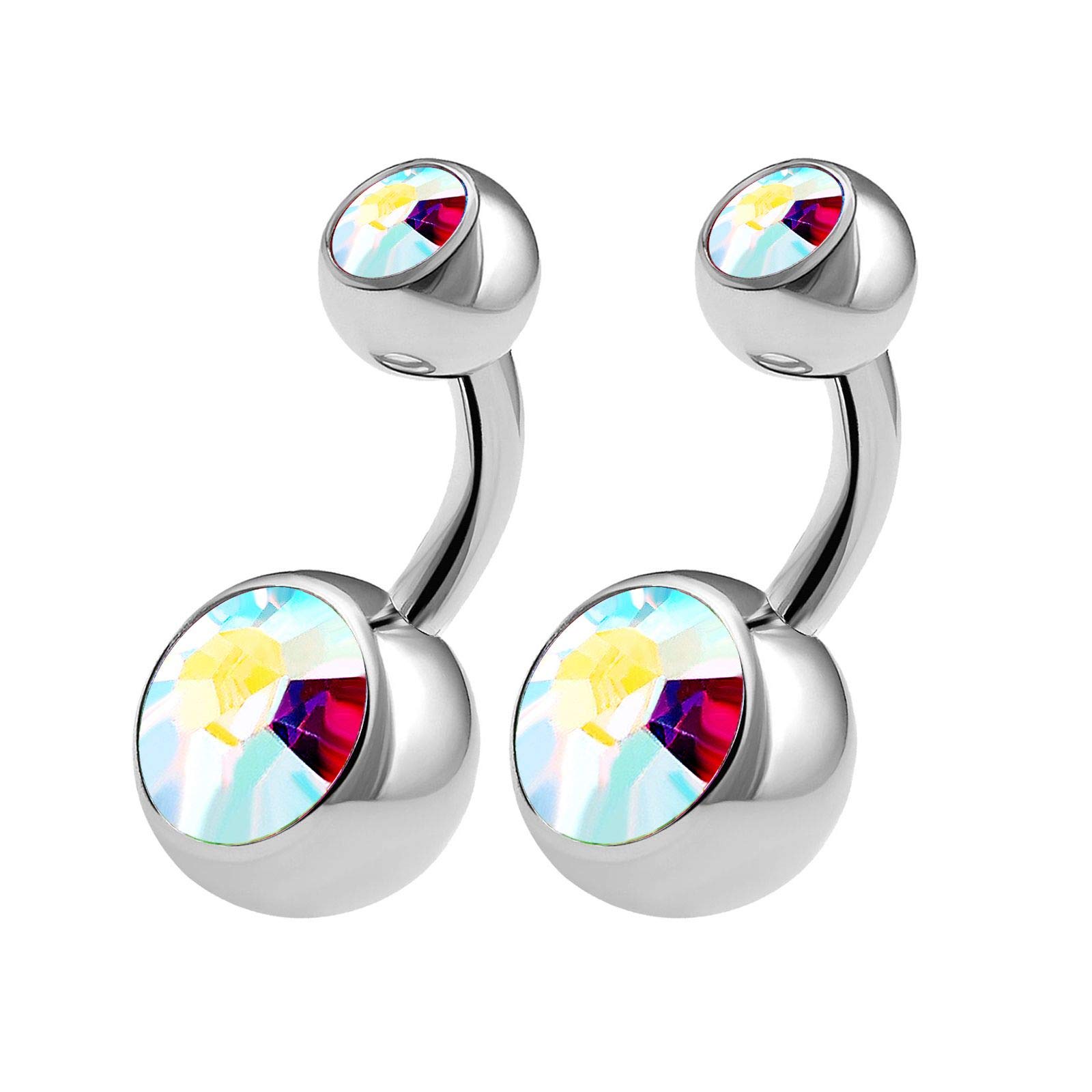 KJM FASHION 2PCS 316L Surgical Steel Short Barbell Belly Button Rings 14 Gauge 1/4 6mm Aurora Borealis Crystall Ball Nevel Jewellery 0549
