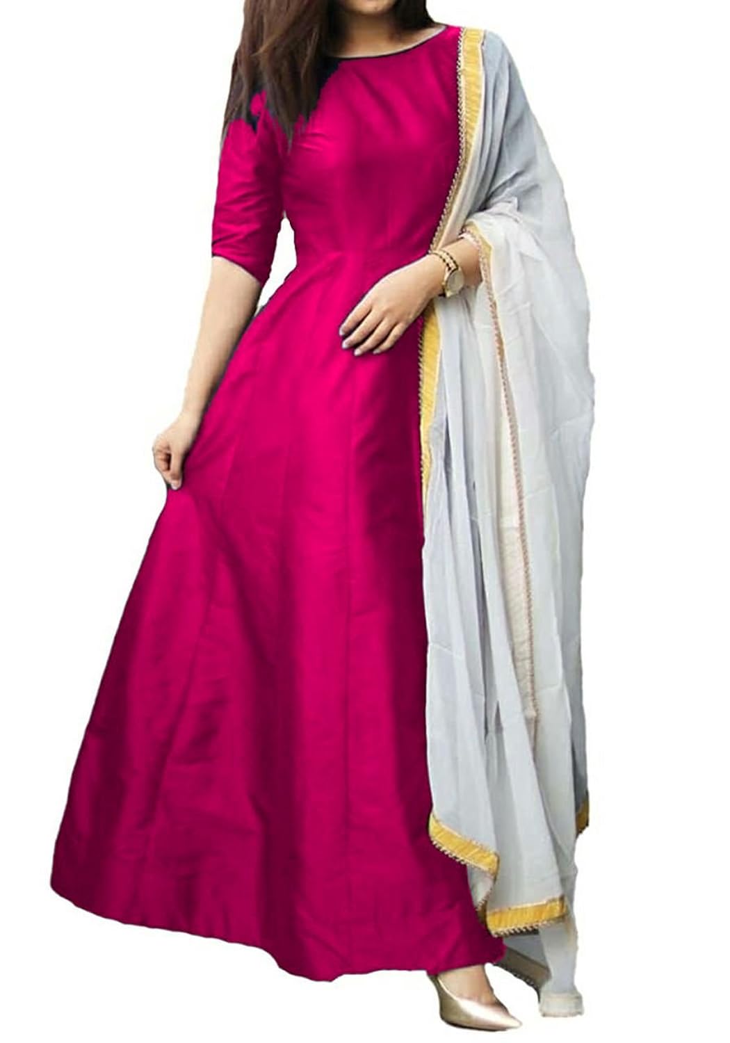 vrundavan fashion women's taffeta semi-stitched gown (pink,free size)