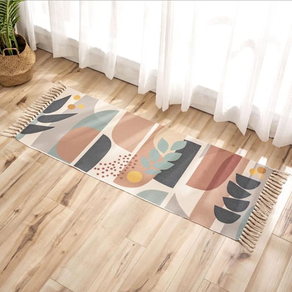 Kregis Contton Carpet, Vintage Cotton Area Rug,Hand Woven Print Tassels Throw Rugs Door Mat,Indoor White Area Rugs for Living Room, Bathroom, Bedroom