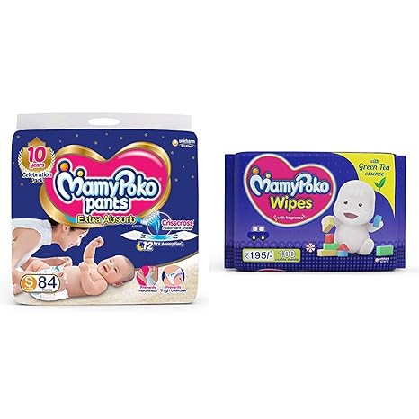 MamyPoko Pants Extra Absorb Diaper, Small (Pack of 84) & MamyPoko Wipes with Green Tea Essence - Pack of 100 * 2 Wipes with Fragrance (100 * 2 = 200 Wipes)