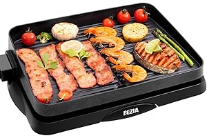 BEZIA Indoor Grill 6-Serving Electic Grill with Non-Stick Coating, Removable Plate and Drip Tray Dishwasher-Safe, Smart 5-Step Adjustable Temperature Controller, 1500W Fast Heat Up, Black