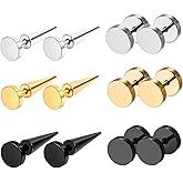 Rofusn Fake Black Spike Stud Earrings for Men Women, Stainless Steel Fake Faux Plugs Punk Earrings,6 Pairs