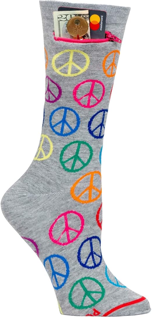 Womens Pocket Socks, Peace & Love, Crew Soft Cotton with Security Zip