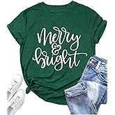 Womens Christmas Shirt Merry and Bright Shirts Xmas Holiday T-shirt Christmas Tee Tops