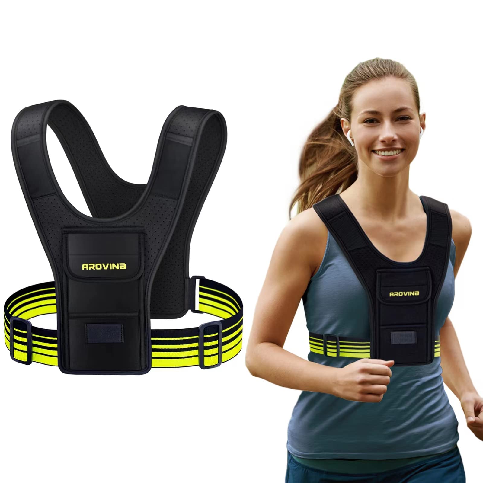 Arovina Running Phone Holder Vest, Reflective Running Vest with 3 Pouches for Phone, Key, Gel, Lightweight Chest Pouch Running Vest Phone Holder for Men and Women in Jogging Training Hiking (Green)