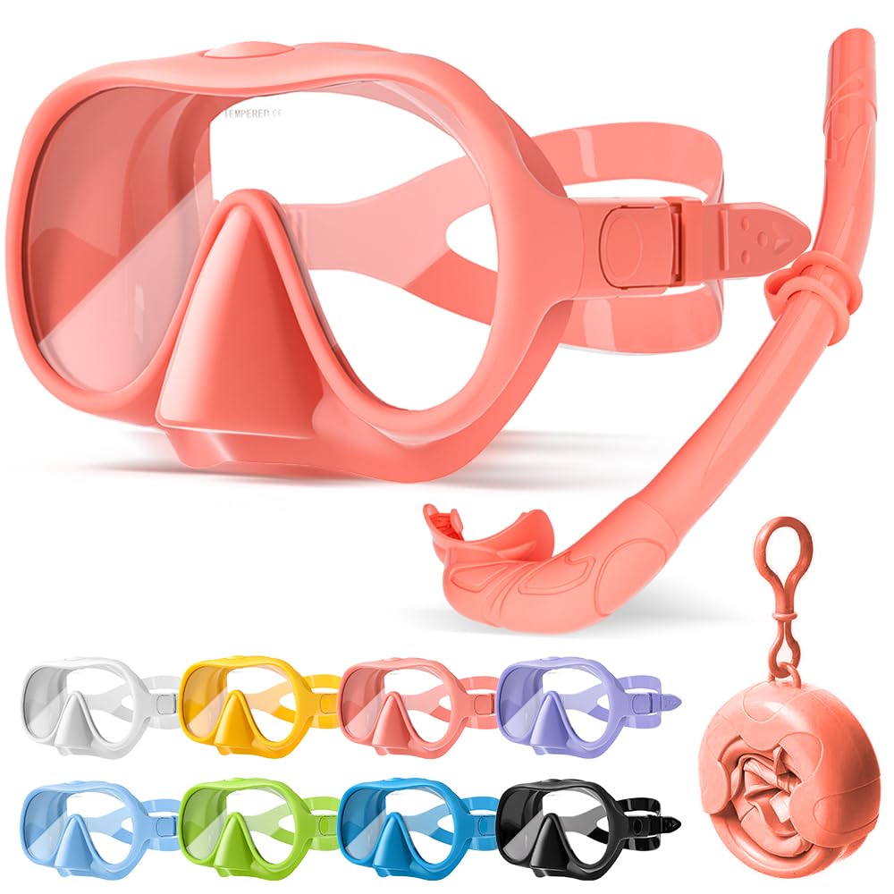 HINATAA Snorkel Set Adults, Fashionable Macaron Colors Frameless Snorkeling Mask, Ultra Wide View Anti-Fog Snorkel Mask Set, Portable Professional Diving Snorkeling Set (Pink)