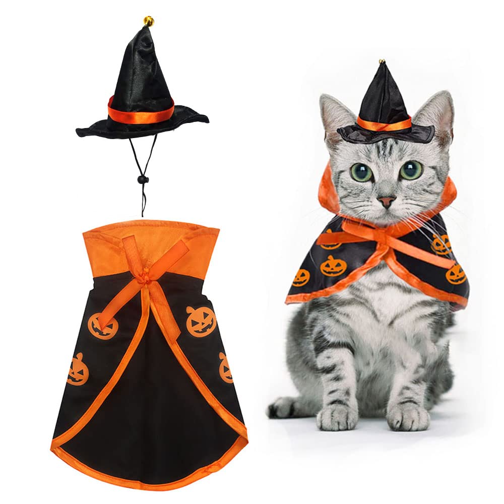 Photo 1 of Halloween Cat Costume Cloak Witch Hat Pet Accessories Halloween Adjustable Pumpkin Pet Costumes Clothes Set, Halloween pet Costume Decor Cloak for Cats Dogs Puppy Halloween Carnival Party Supplies
