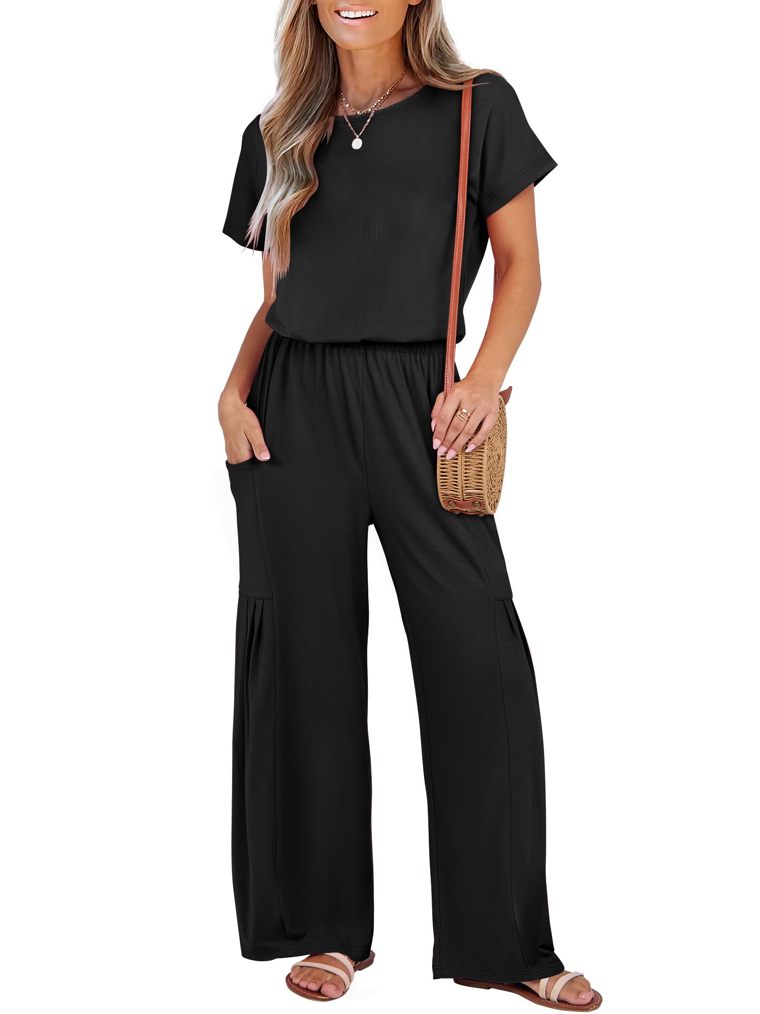 Photo 1 of ***(MISSING TOP/ NOT A COMPLETE SET)***ANRABESS Jumpsuits for Women Short Sleeve Wide Leg Casual Summer One Piece Jumper Rompers 2025 Beach Vacation Travel Outfits Black Medium