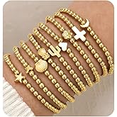 ÌF ME 16 PCS Gold Bead Bracelet for Women, Gold Beaded Stretch Plated Stackable Strand Bead Ball Bracelets stack Adjustable Jewelry Set for Gifts