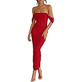 PRETTYGARDEN Womens 2026 Summer Off The Shoulder Dress Ruched Bodycon Sleeveless Split Cocktail Party Maxi Dresses