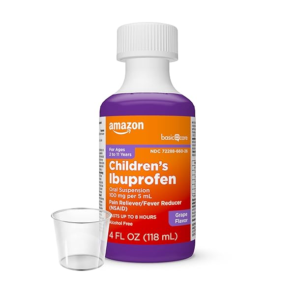 AMAZON BASIC CARE CHILDREN’S IBUPROFEN ORAL SUSPENSION 100 MG PER 5 ML, PAIN RELIEVER AND FEVER REDUCER, GRAPE , FOR MINOR ACHES AND PAINS, SORE THROAT, HEADACHE RELIEF AND MORE, 4 FL OZ (PACK OF 1)