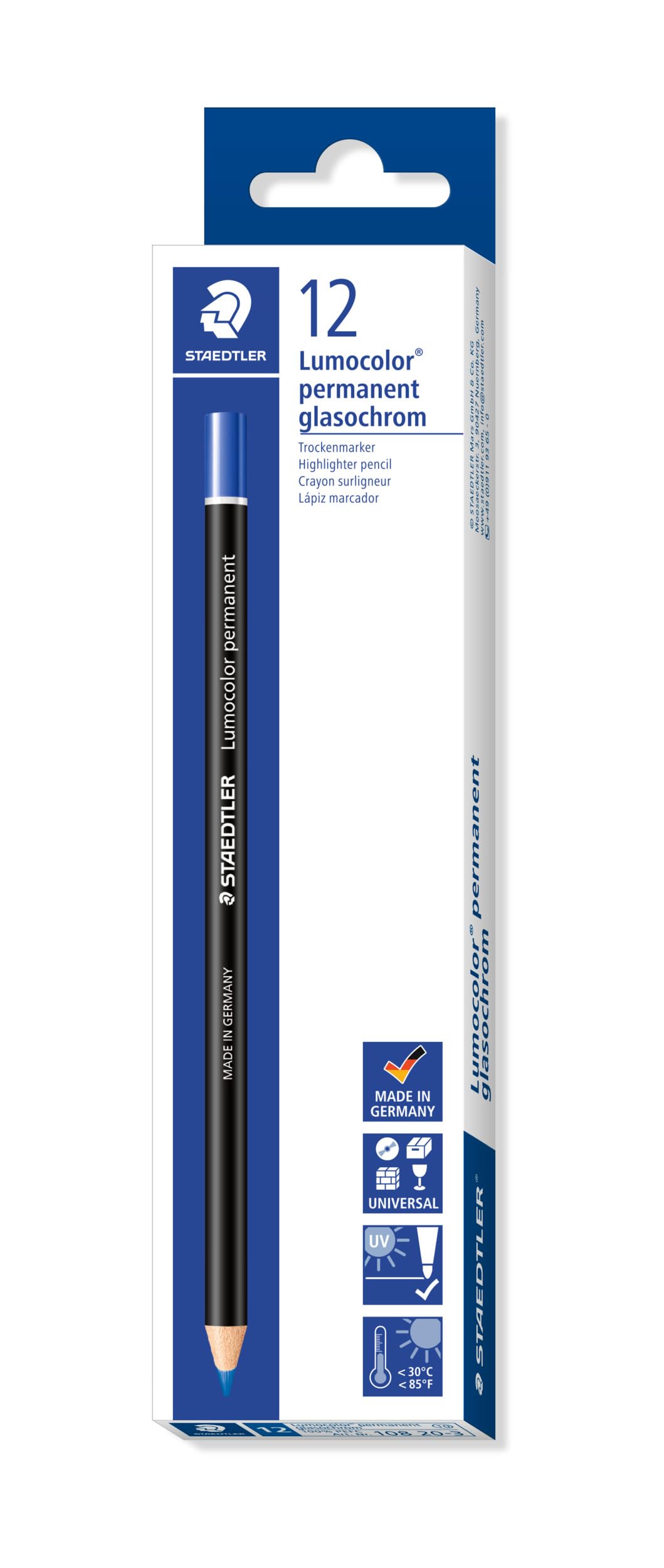 Staedtler 108 20-3 Lumocolor Permanent Glasochrom Dry Marker Pencil - Blue (Pack of 12)