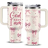 Christian Gifts for Women, 40 oz God Says I am Pink Tumbler with Handle, Inspirational Religious Birthday Gifts, Spiritual Catholic Faith Jesus Bible God Prayer Gift for Pink Bow Christian Cup