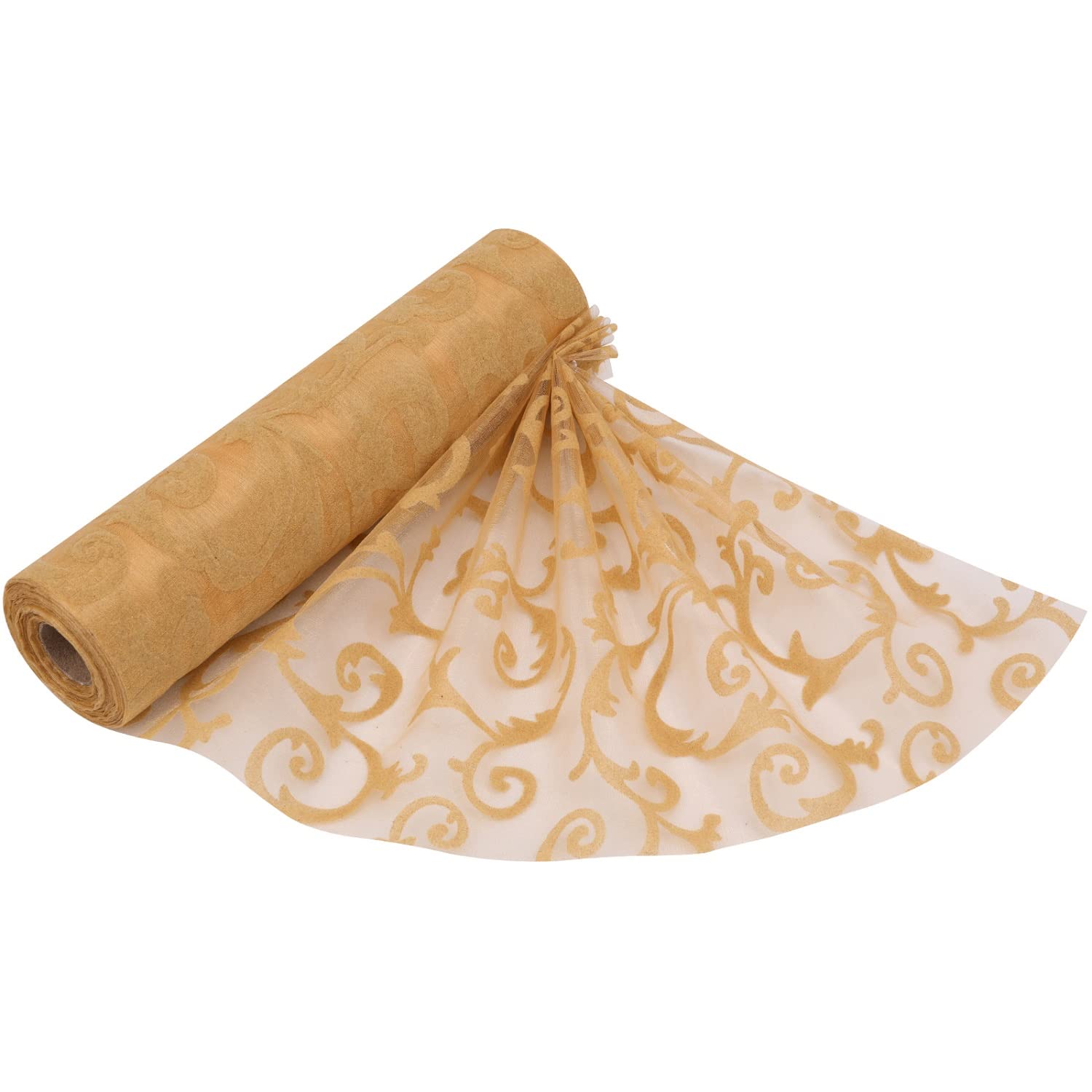 25m x 29cm Organza Roll Sparkle Snow Sheer Glitter Fabric with Swirl Design for Wedding Venue, Chair Bow Sash, Table Runner, Xmas Tree, Christmas Wreath, Gift Wrapping, Party Decoration, Gold