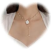 Boho Pearl Drop Necklace for Women White Flower Pendant Necklace Pearl Y Necklace Chain Flower Y Lariat Necklace Pearl Y Drop Chain Necklace Gold Pearl Bead Necklace Jewelry for Girls