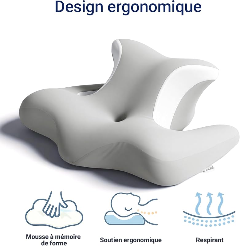 Oreiller Ergonomique Cervical Mémoire de Forme – Coussin Cervicales Douloureuses, Modèle Papillon avec Cavités d’Oreilles, Soutien pour la Nuque, Housse Lavable, Gris