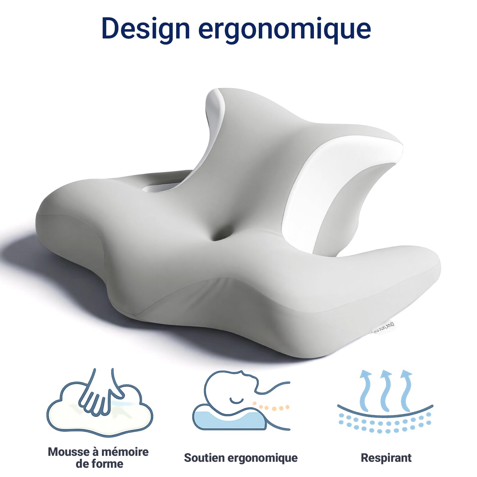 Oreiller Ergonomique Cervical Mémoire de Forme – Coussin Cervicales Douloureuses, Modèle Papillon avec Cavités d’Oreilles, Soutien pour la Nuque, Housse Lavable, Gris