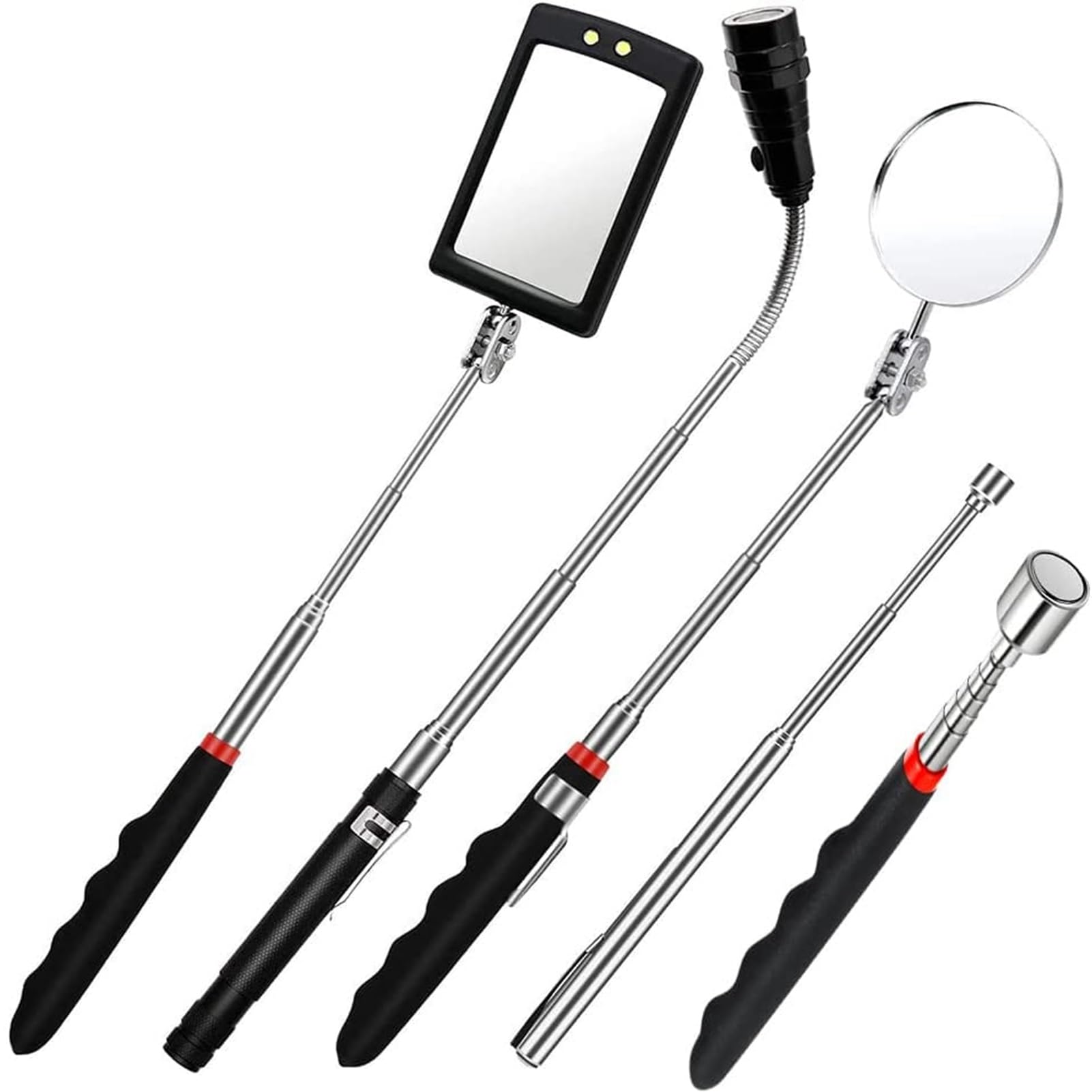 Telescopic Magnetic Pickup Tool Set,5Pcs Led Magnetic Telescoping Pick Up Tool - Telescoping 1lb Pickup Tool, 15lb Pickup Tool, 360° Swivel Square & Round Inspection Mirror, Magnetic Torch Flashlight