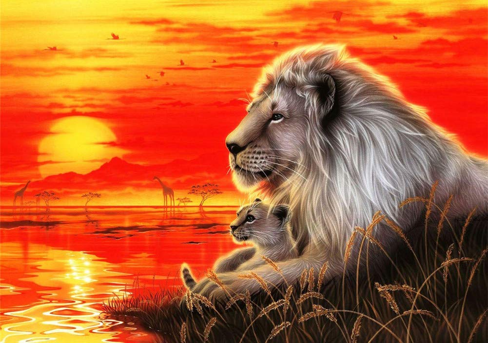 WOWDECOR DIY Painting by Numbers for Adults Children Girls Lion King Sunset Sea 40 x 50 cm Pre-Printed Canvas Oil Painting (with Frame)
