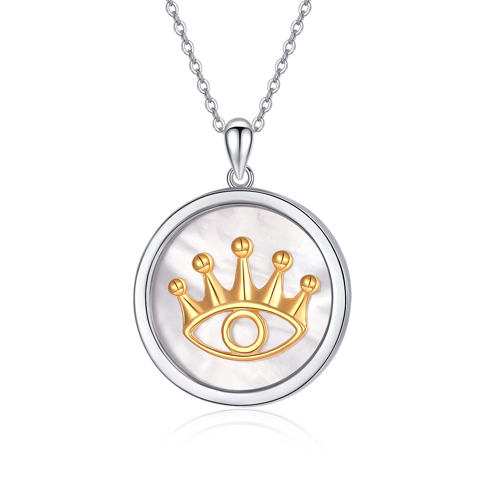 TANGPOET 925 Sterling Silver Mother of Pearl Round Pendant Necklace Royal Crown Necklace Jewellery Gift for Women Girls Birthday