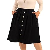 Agnes Orinda Plus Size Corduroy Midi Skirts for Women Elastic High Waist Button Front A-Line Skirt with Pockets