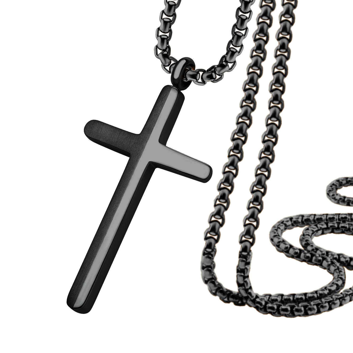 555Jewelry Stainless Steel Cross Necklace for Men, Box Link Chain, Cross Pendant for Men, Chain Necklace for Men, Cross Chain for Men, 22 Inch Chain, Black