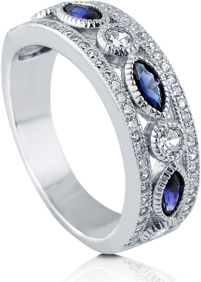 BERRICLE Rhodium Plated Sterling Silver Simulated Blue Sapphire Cubic Zirconia CZ Statement Art Deco Anniversary Wedding Half Eternity Band Ring