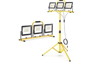 21000 Lumen LED Work Lights with Stand: 3 Head Adjustable Work Light with Individual Switch, IP66 Waterproof Foldable Tripod,
