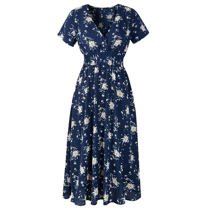 VEMOW Sommer Elegant Damen V-Ausschnitt Urlaub Blumendruck Kleid Casual Täglichen Urlaub Business Arbeit Beach Party Dress