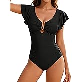 DaiLiWei Womens One Piece Swimsuits Tummy Control Bathing Suit V Neck Push Up Swim Suits Slimming Lace up Ruffle Swimwear